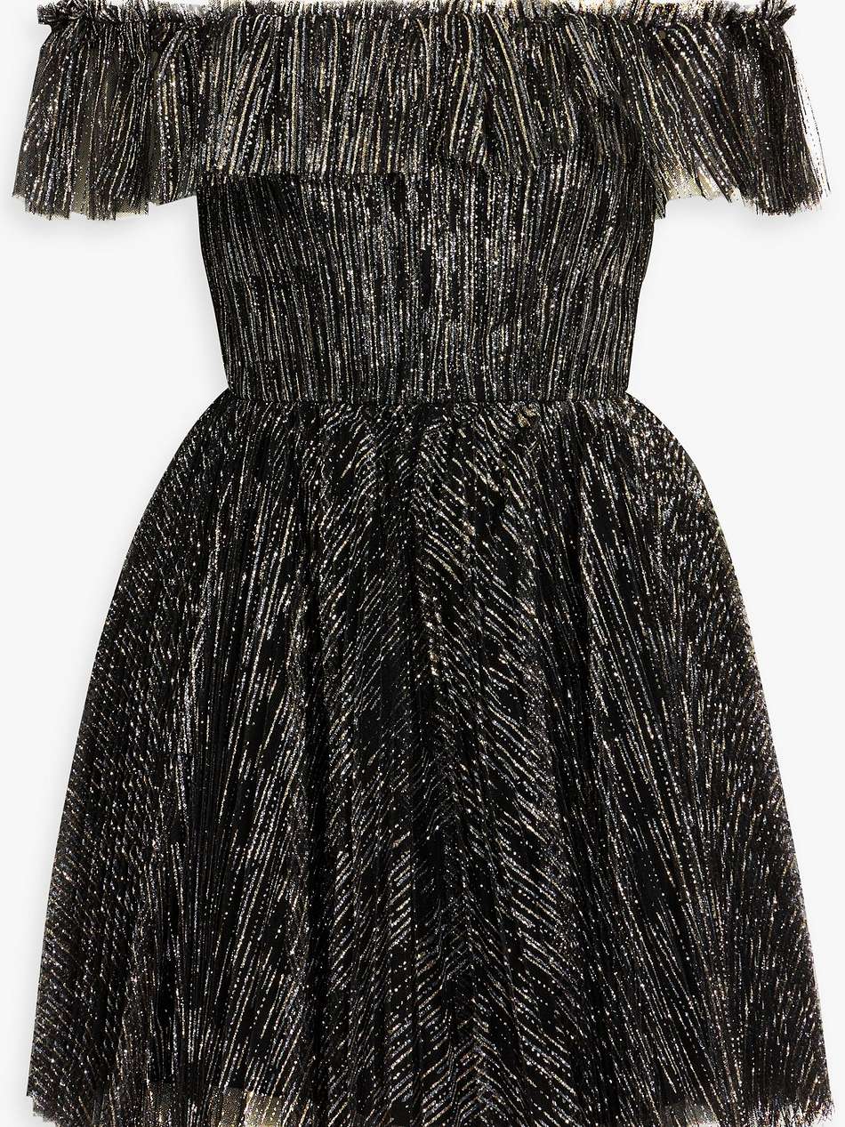 off-the-shoulder ruffled glittered tulle mini dress