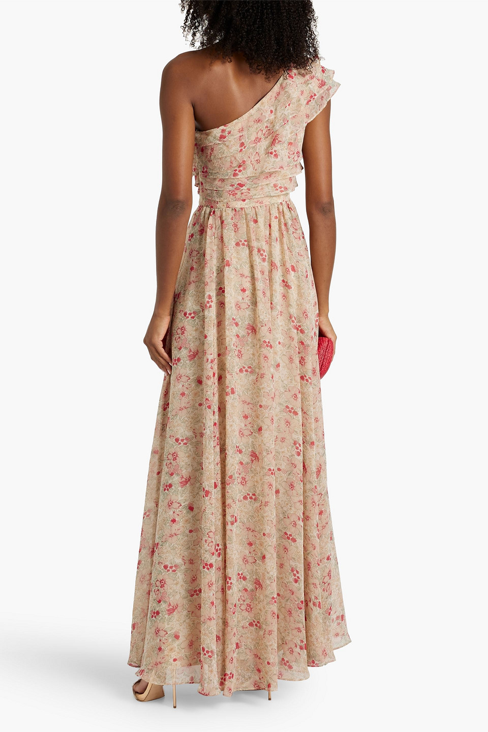 Shop Mikael Aghal One-shoulder Ruffled Floral-print Chiffon Maxi Dress In Beige