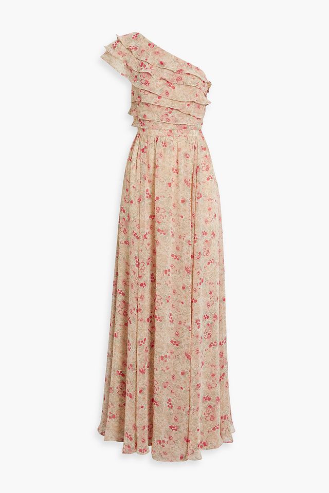 One-shoulder ruffled floral-print chiffon maxi dress