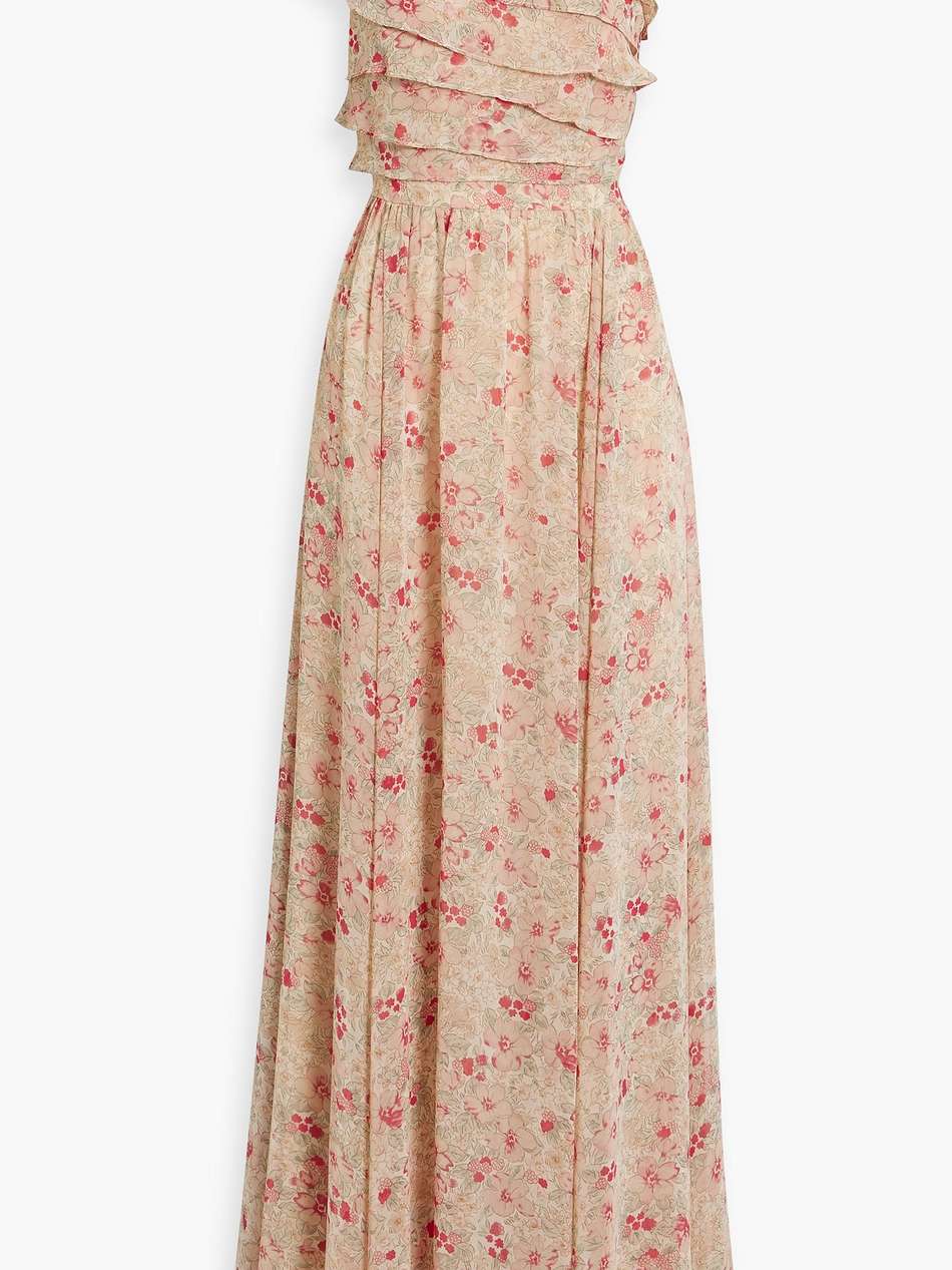 one-shoulder ruffled floral-print chiffon maxi dress