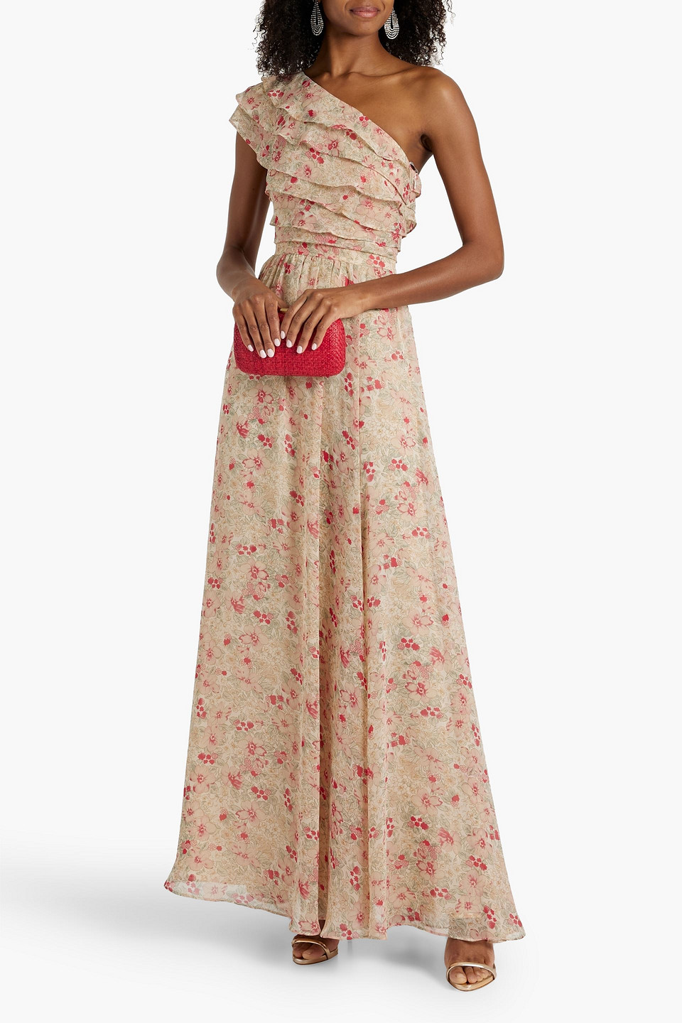 Shop Mikael Aghal One-shoulder Ruffled Floral-print Chiffon Maxi Dress In Beige