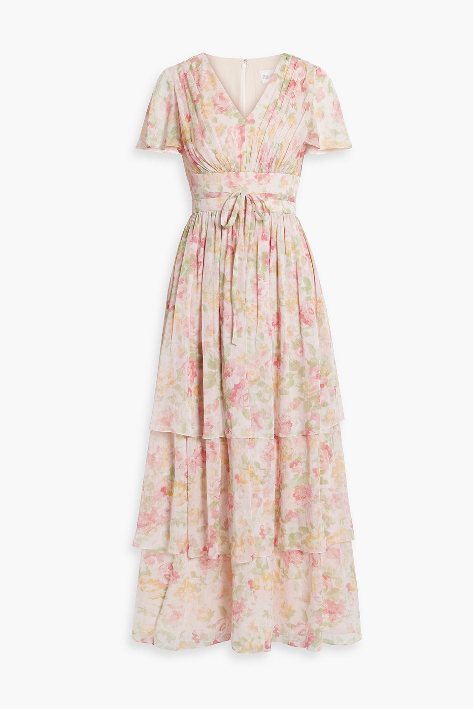 Mikael Aghal Tiered Floral-print Georgette Maxi Dress In Pastel Pink