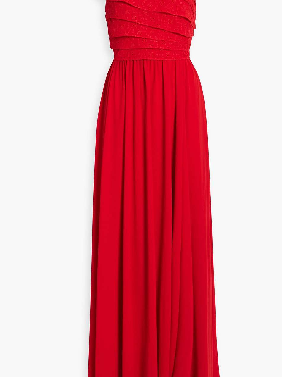 one-shoulder broderie anglaise-paneled crepe gown
