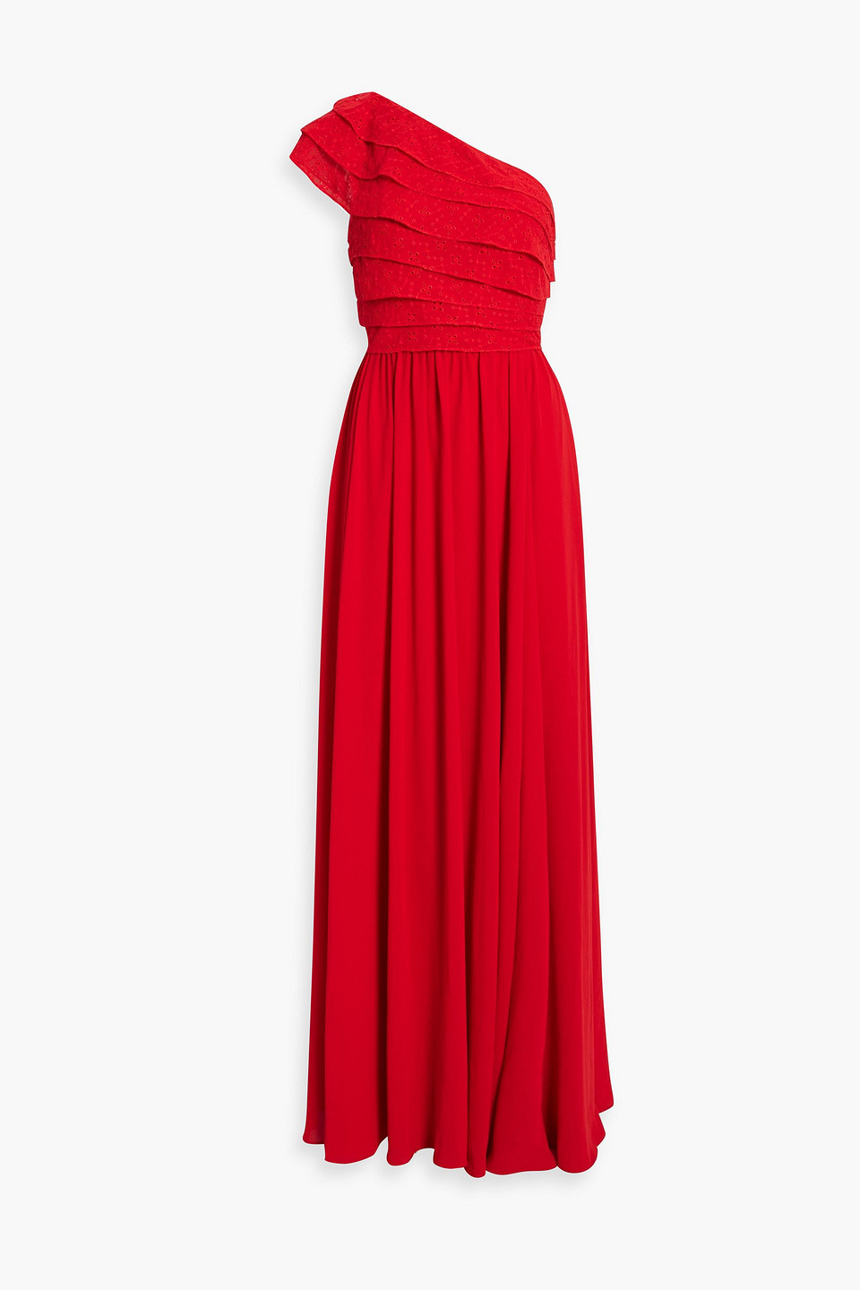 One-shoulder broderie anglaise-paneled crepe gown