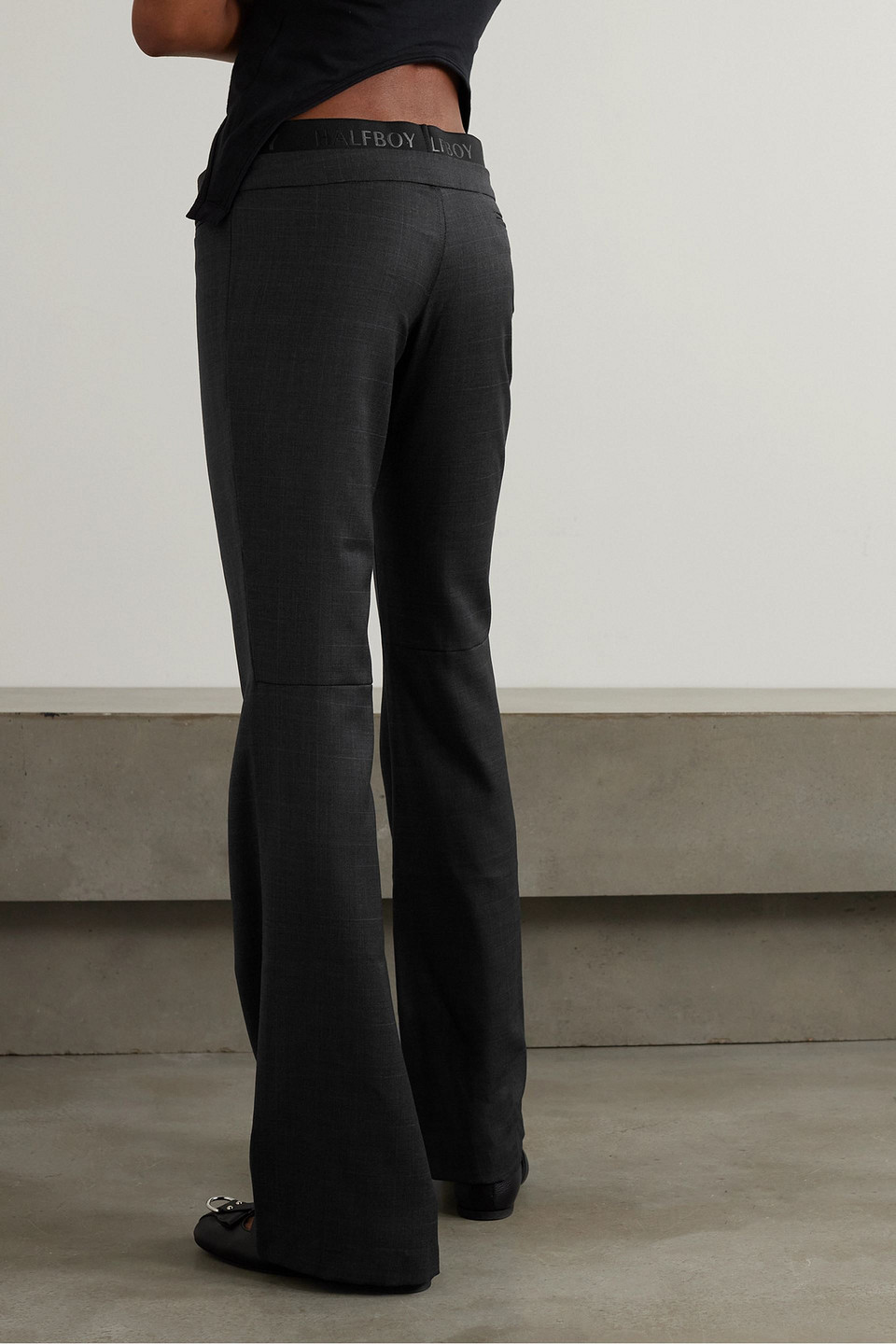 HALFBOY LAYERED JACQUARD-TRIMMED CHECKED WOOL FLARED PANTS