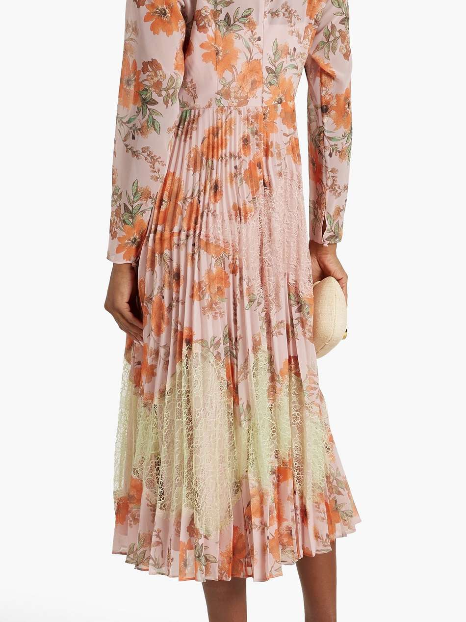 corded lace-paneled floral-print crepe de chine midi dress