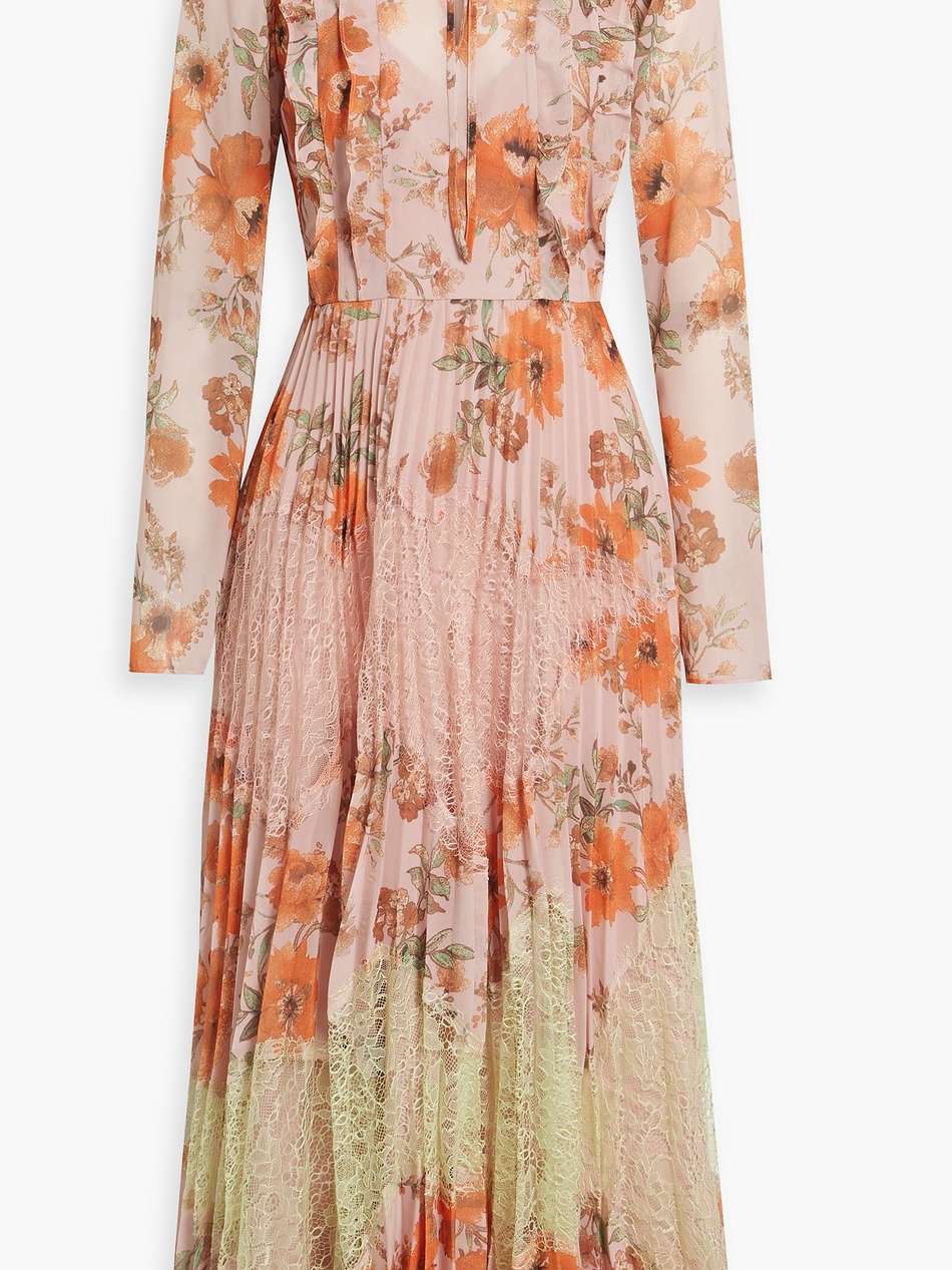 corded lace-paneled floral-print crepe de chine midi dress