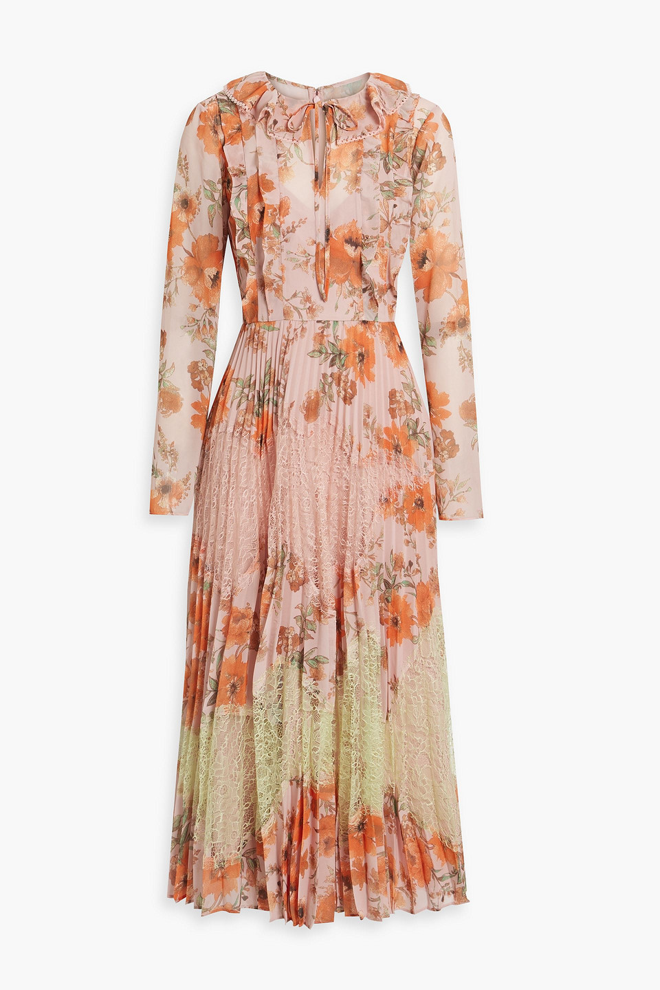 Mikael Aghal Corded Lace-paneled Floral-print Crepe De Chine Midi Dress In Blush