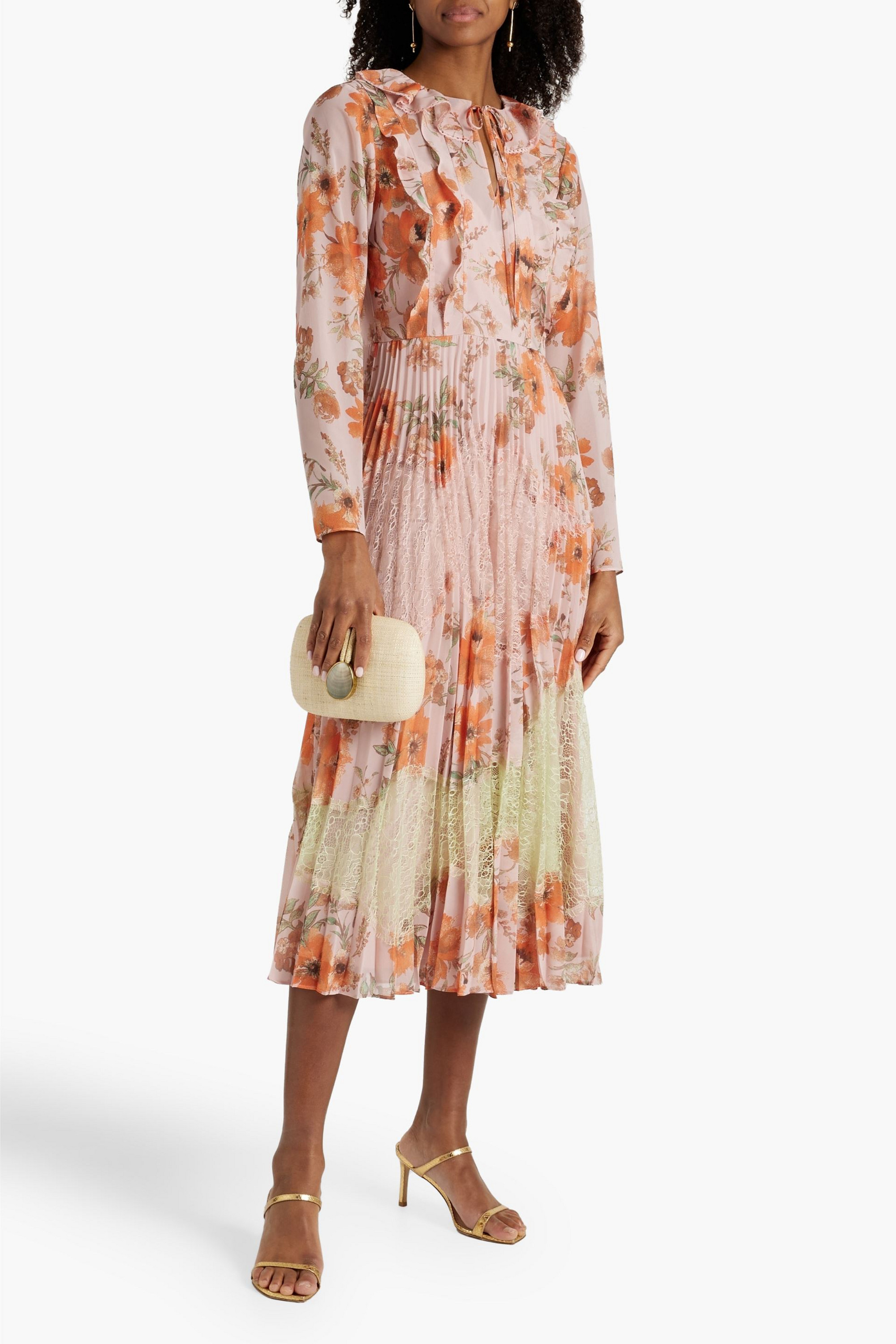 MIKAEL AGHAL Corded lace-paneled floral-print crepe de chine midi dress