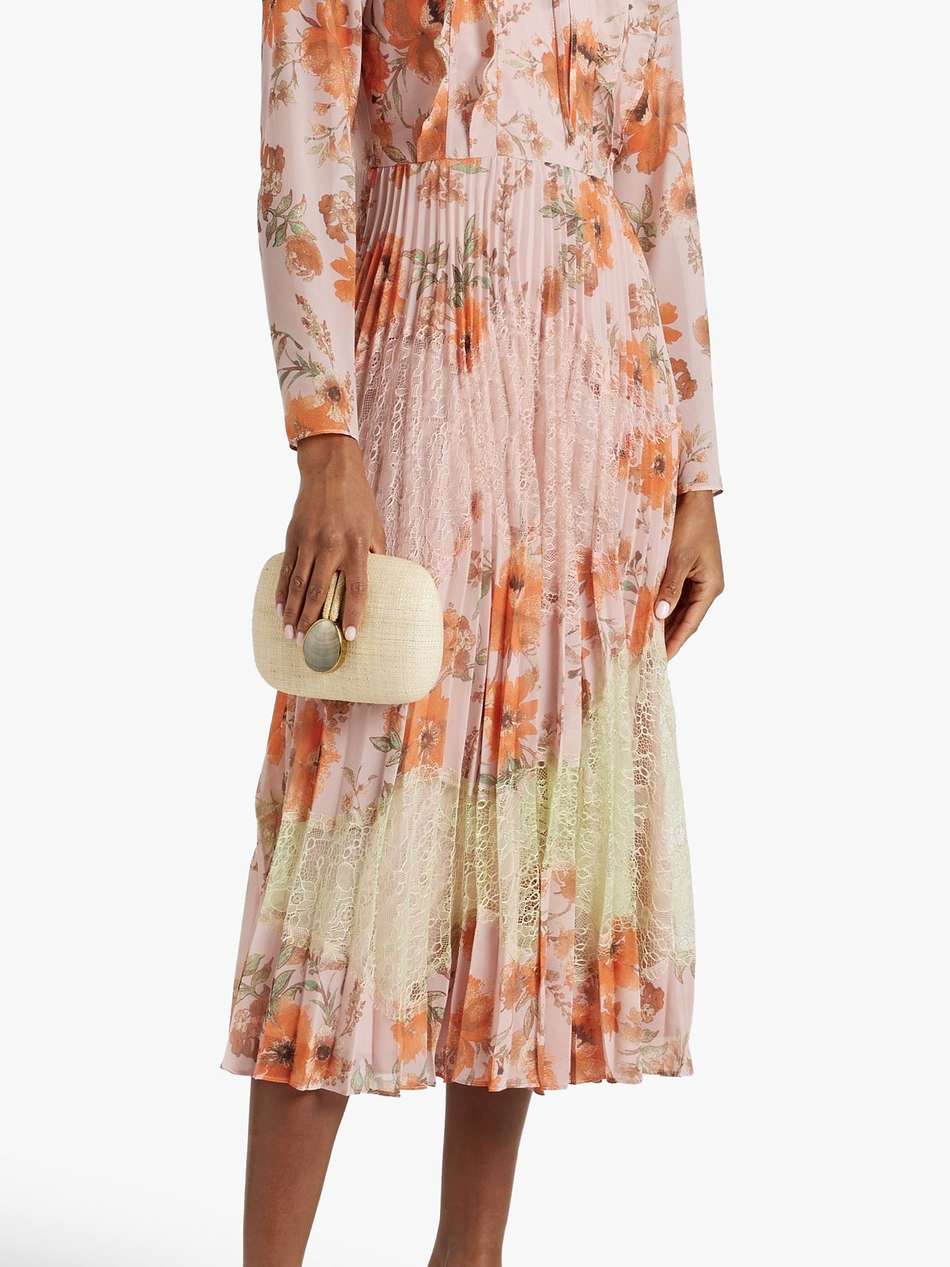 corded lace-paneled floral-print crepe de chine midi dress