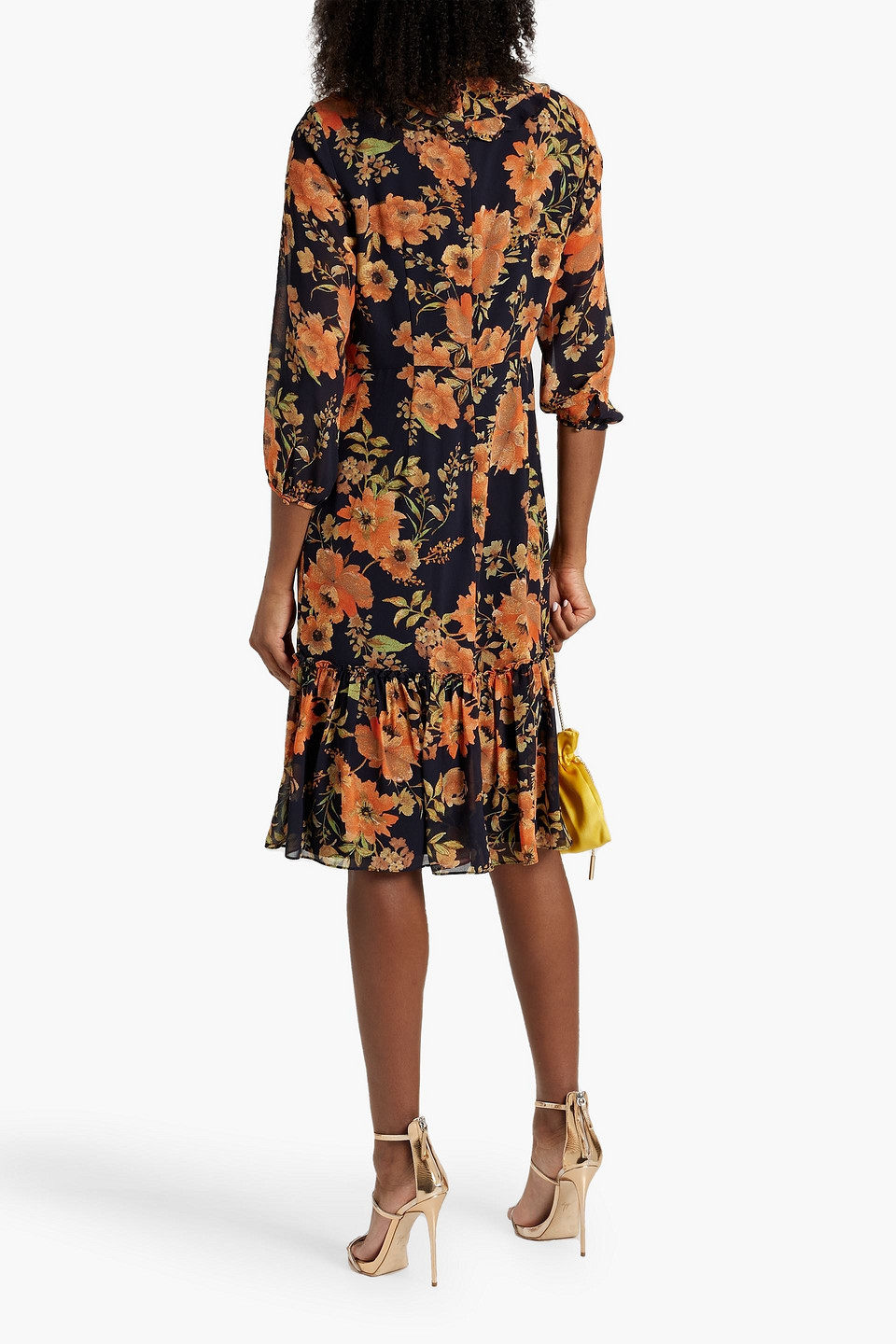 Shop Mikael Aghal Pussy-bow Floral-print Crepe Dress In Black