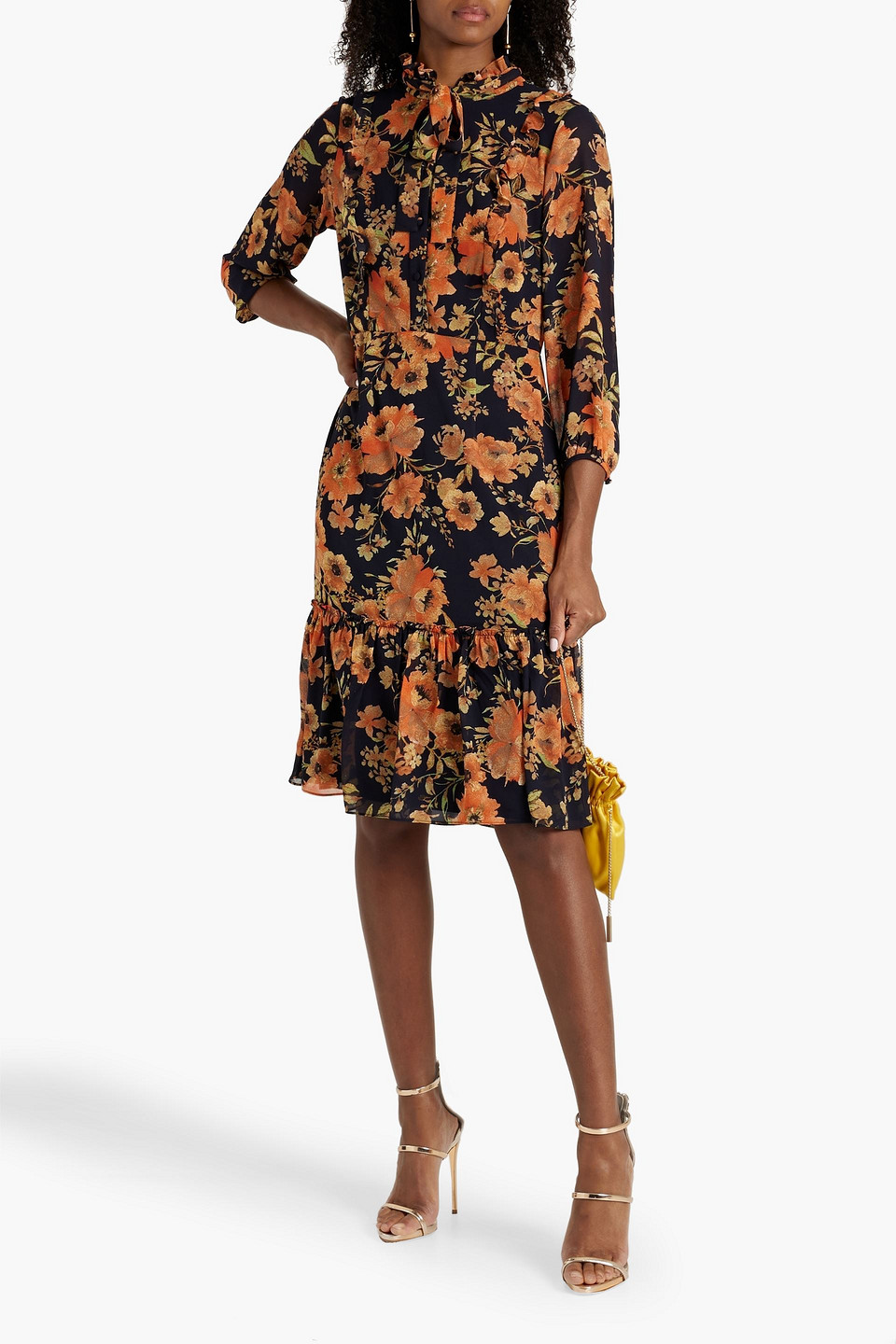 Shop Mikael Aghal Pussy-bow Floral-print Crepe Dress In Black