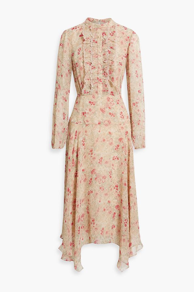 Lace-trimmed floral-print chiffon midi dress