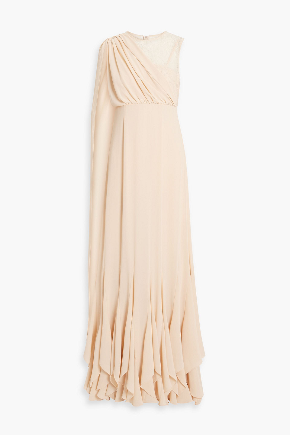 Mikael Aghal Draped Gathered Corded Lace-paneled Crepe Gown In Pastel Orange