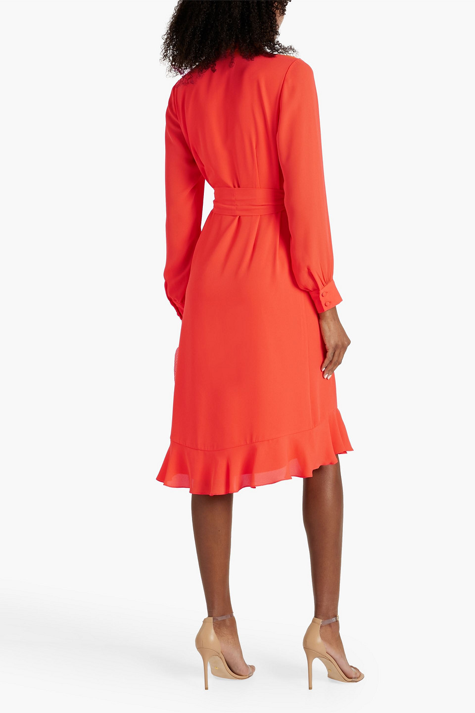 Shop Mikael Aghal Ruffled Crepe Midi Dress In Bright Orange