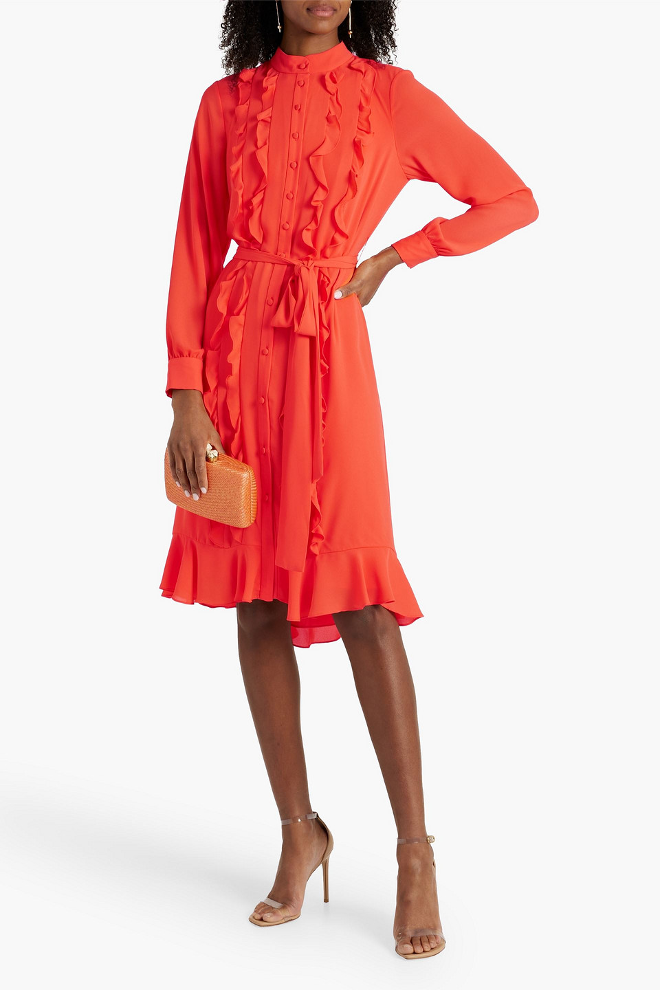 Shop Mikael Aghal Ruffled Crepe Midi Dress In Bright Orange