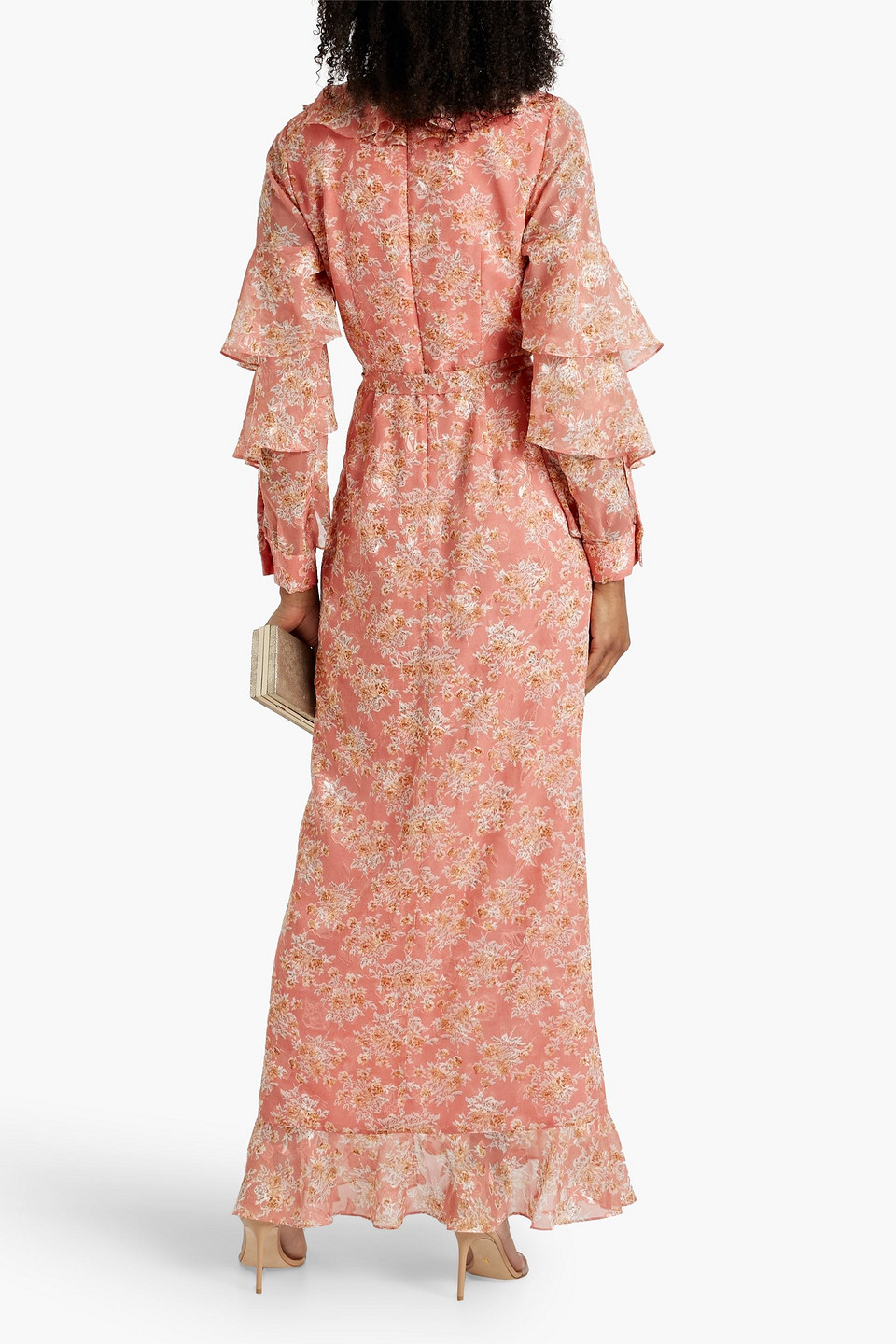 Shop Mikael Aghal Floral-print Metallic Fil Coupé Chiffon Maxi Dress In Antique Rose