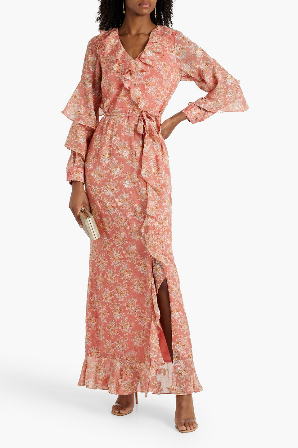 Shop Mikael Aghal Floral-print Metallic Fil Coupé Chiffon Maxi Dress In Antique Rose