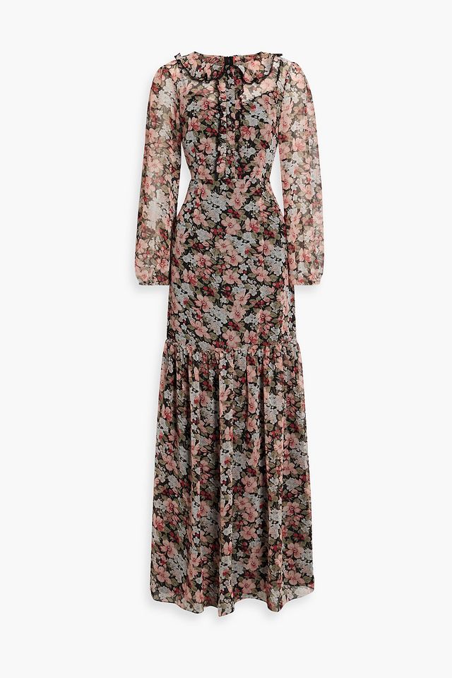 Gathered floral-print crepe de chine maxi dress