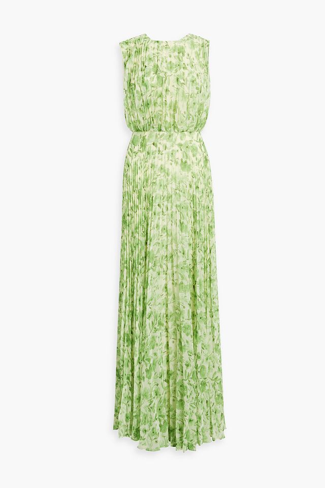 Pleated printed chiffon maxi dress