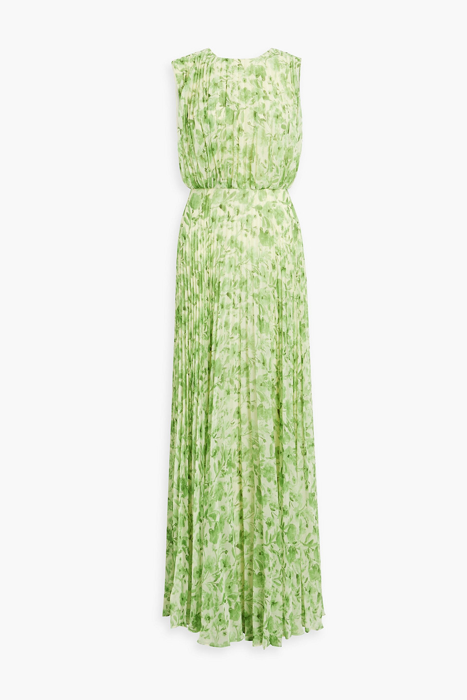 Mikael Aghal Pleated Printed Chiffon Maxi Dress In Light Green