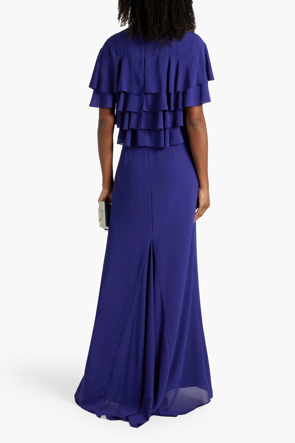 Shop Mikael Aghal Ruffled Crepe Gown In Royal Blue