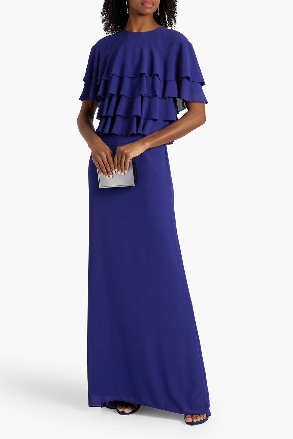 Shop Mikael Aghal Ruffled Crepe Gown In Royal Blue