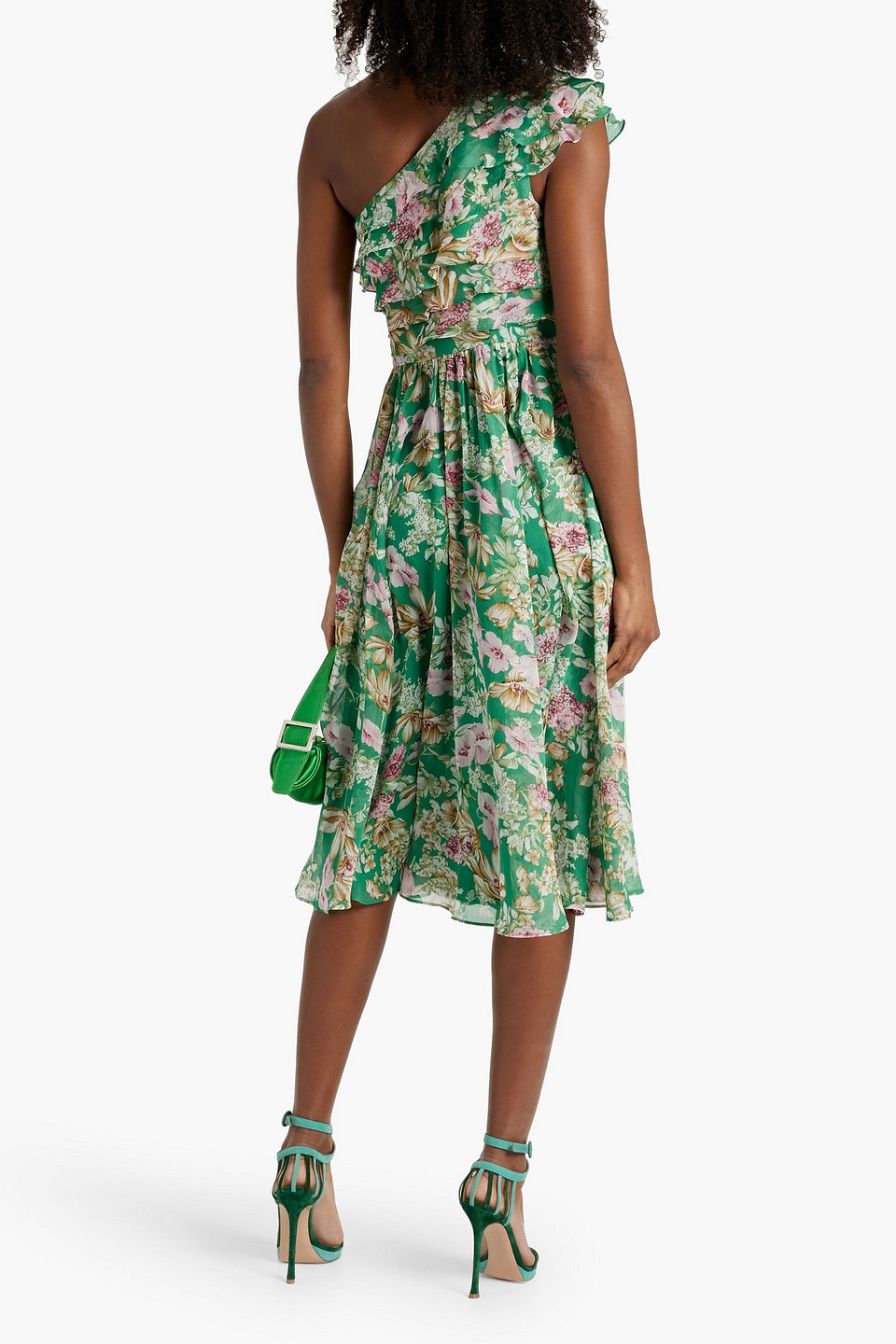 Shop Mikael Aghal One-shoulder Layered Floral-print Georgette Midi Dress In Green