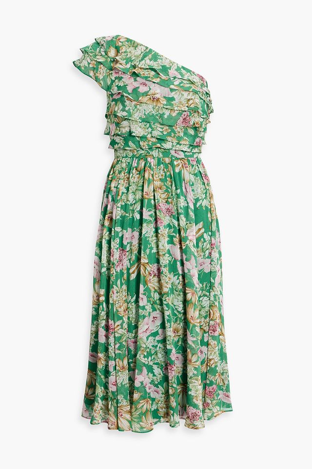 One-shoulder layered floral-print georgette midi dress