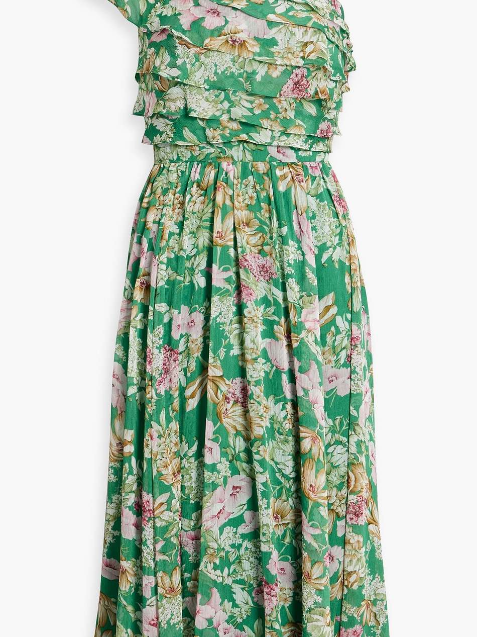 one-shoulder layered floral-print georgette midi dress