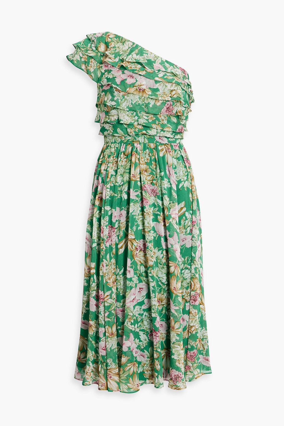 Mikael Aghal One-shoulder Layered Floral-print Georgette Midi Dress In Green