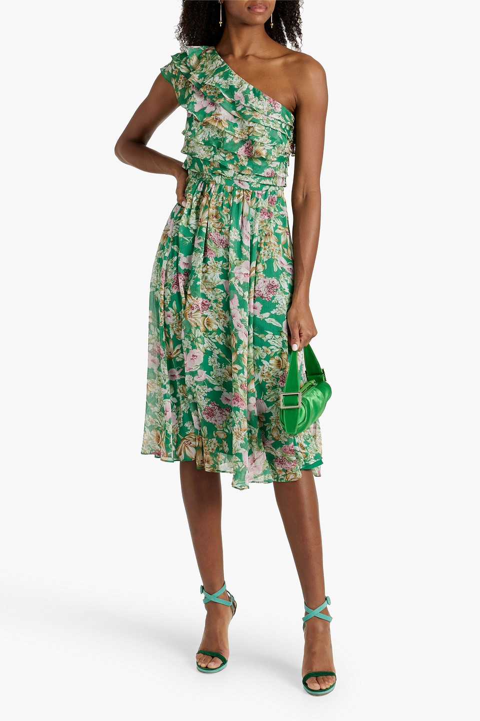 Shop Mikael Aghal One-shoulder Layered Floral-print Georgette Midi Dress In Green