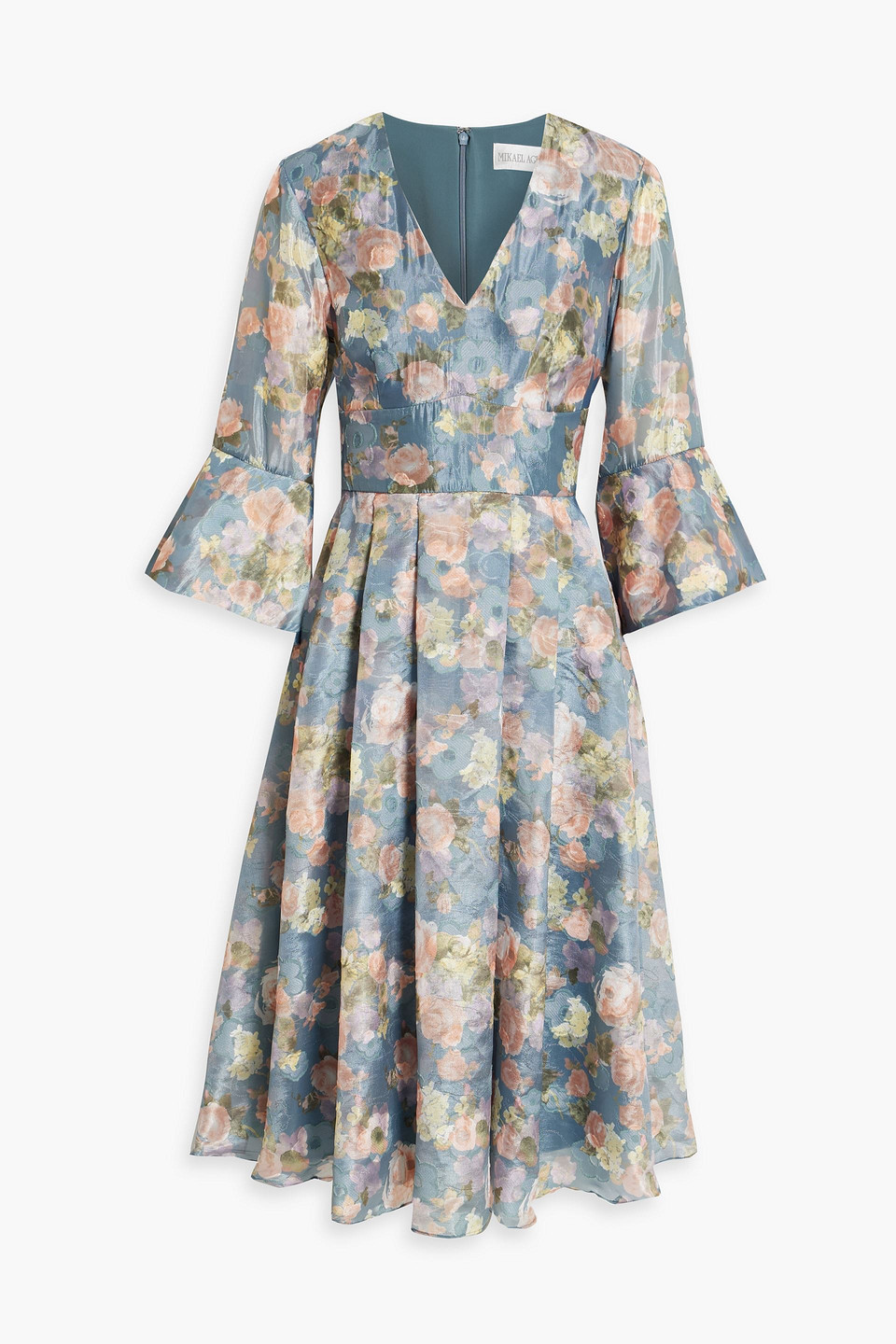 Mikael Aghal Pleated Fil Coupé Floral-jacquard Dress In Slate Blue