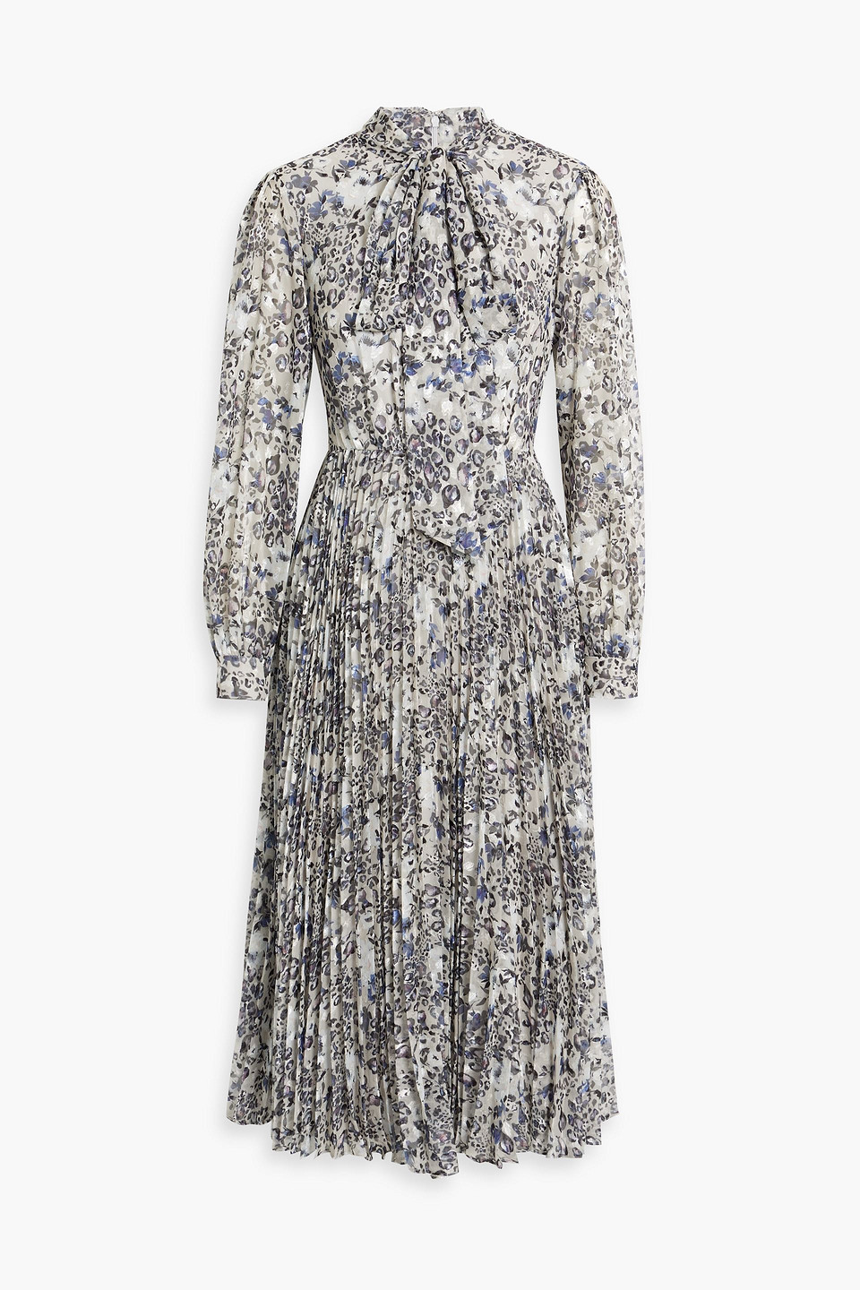Pleated printed fil coupé chiffon midi dress