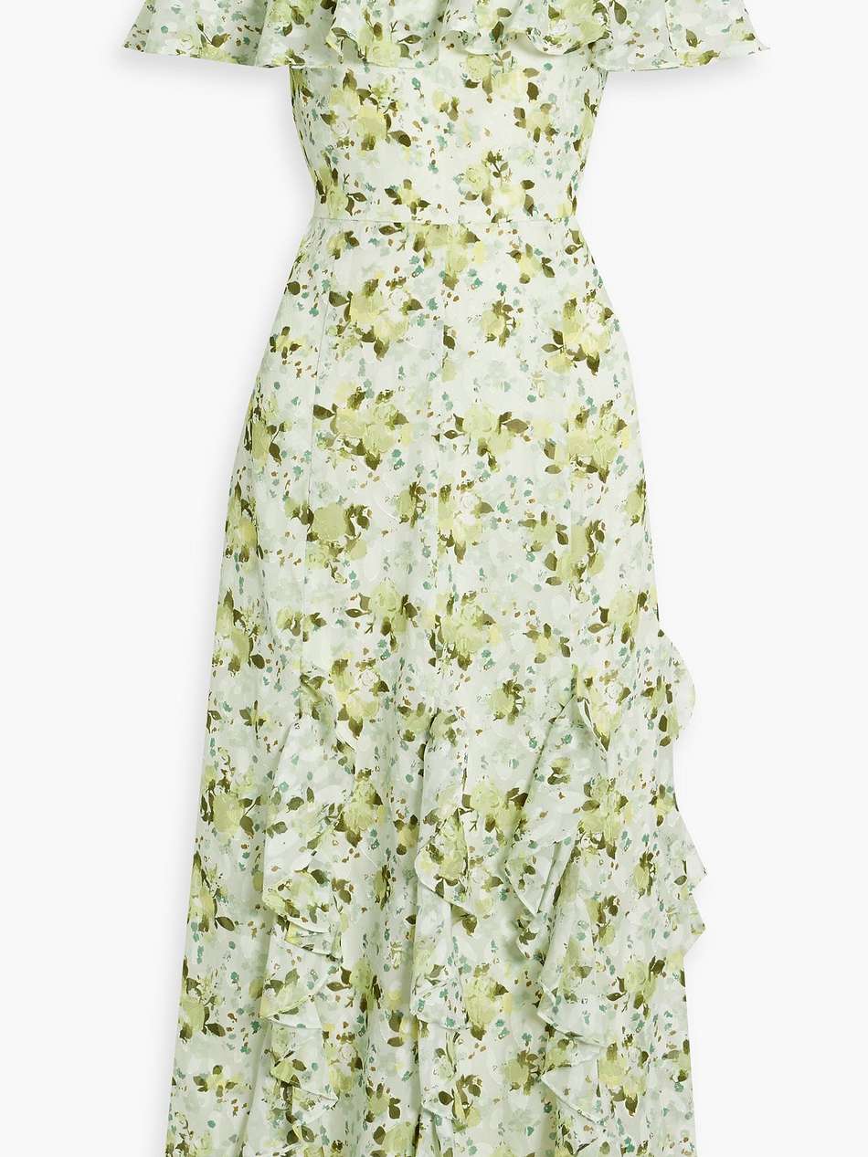 off-the-shoulder ruffled printed fil coupé jacquard midi dress