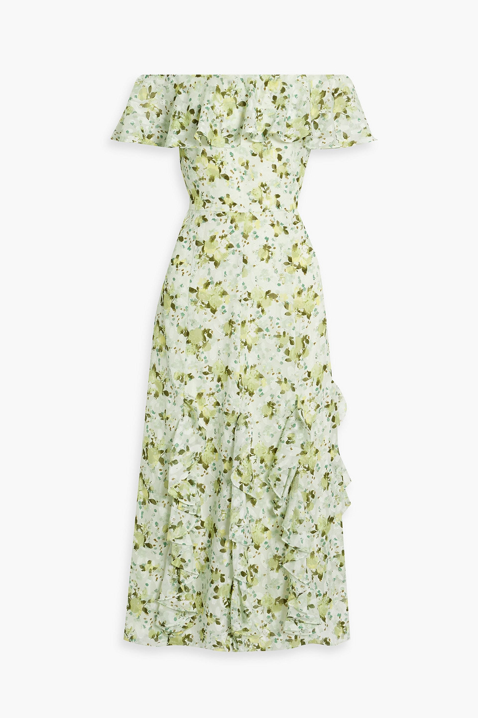 Mikael Aghal Off-the-shoulder Ruffled Printed Fil Coupé Jacquard Midi Dress In Light Green