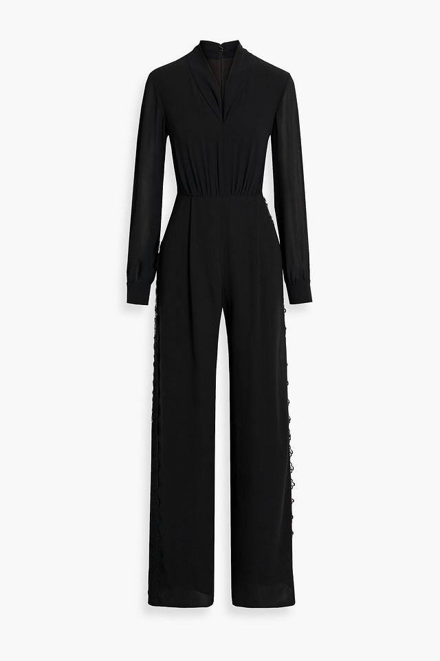 Lace-trimmed draped crepe jumpsuit