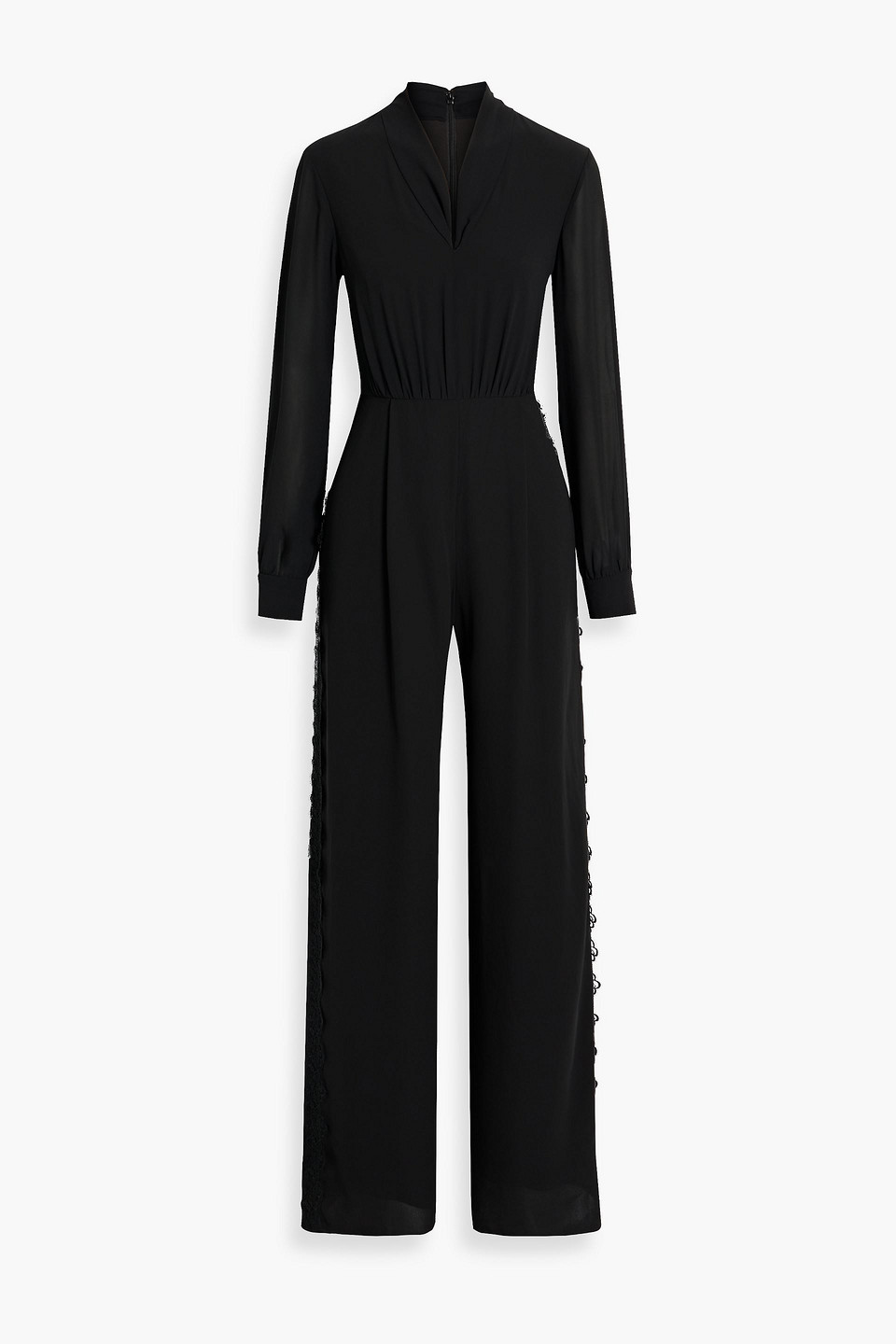 Mikael Aghal Draped Lace-trimmed Crepe Jumpsuit In Black