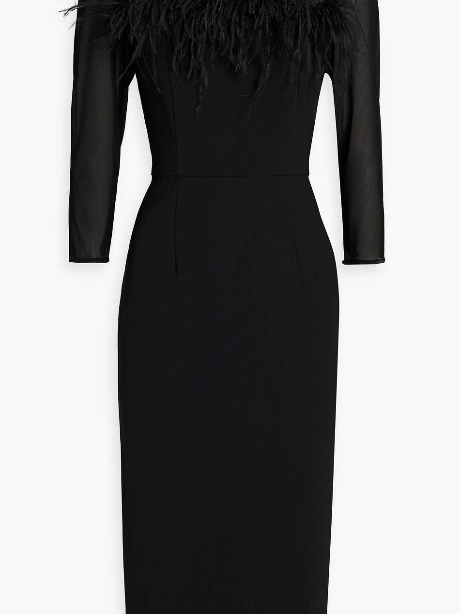 feather-embellished tulle-paneled crepe midi dress