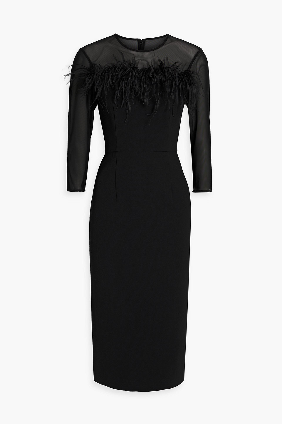 Feather-embellished tulle-paneled crepe midi dress
