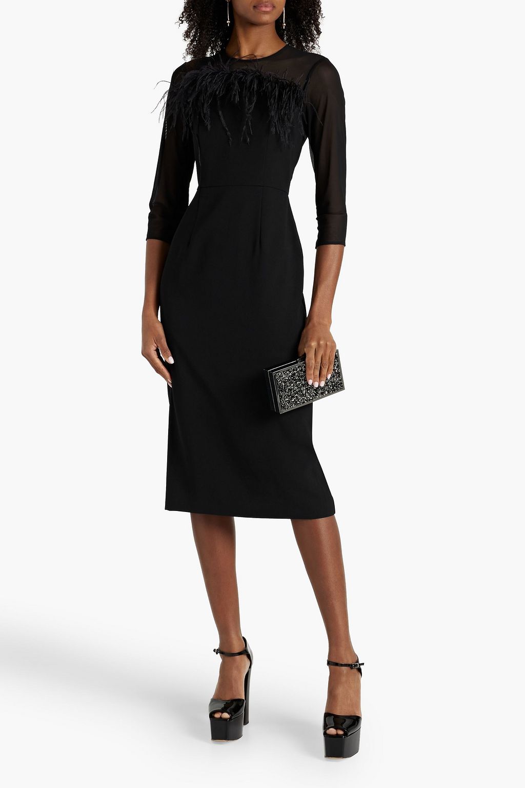 MIKAEL AGHAL Feather-embellished tulle-paneled crepe midi dress
