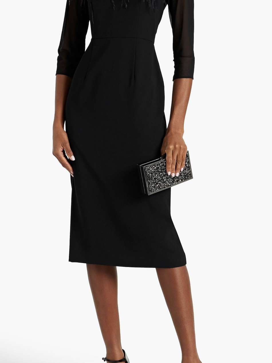 feather-embellished tulle-paneled crepe midi dress