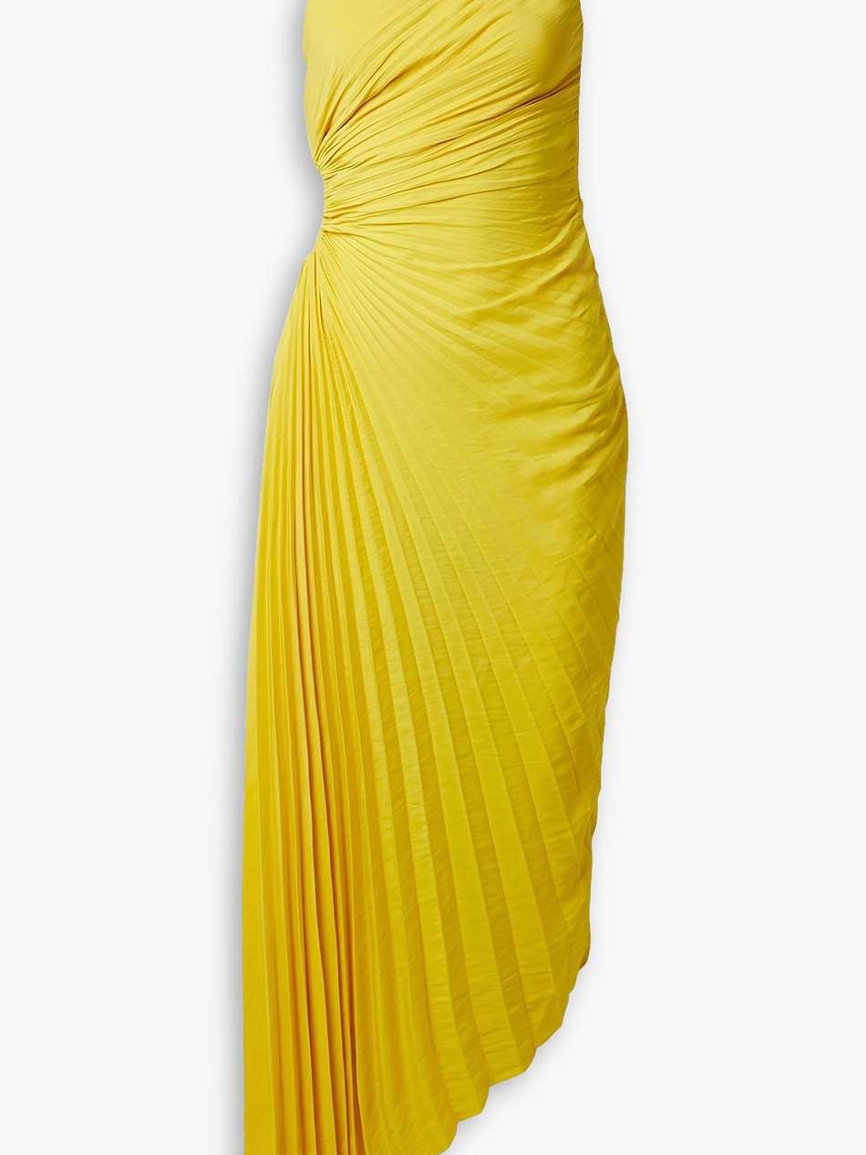 delfina asymmetric one-shoulder cutout plissé-chiffon midi dress