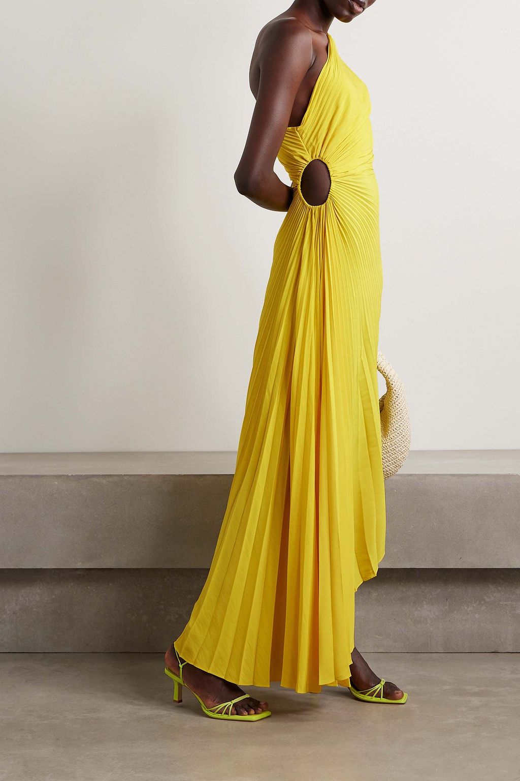 A.L.C. Delfina asymmetric one-shoulder cutout plissé-chiffon midi dress