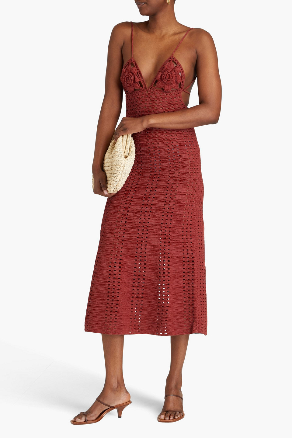 Cult Gaia Mercedes Crocheted Cotton Halterneck Midi Dress In Brick