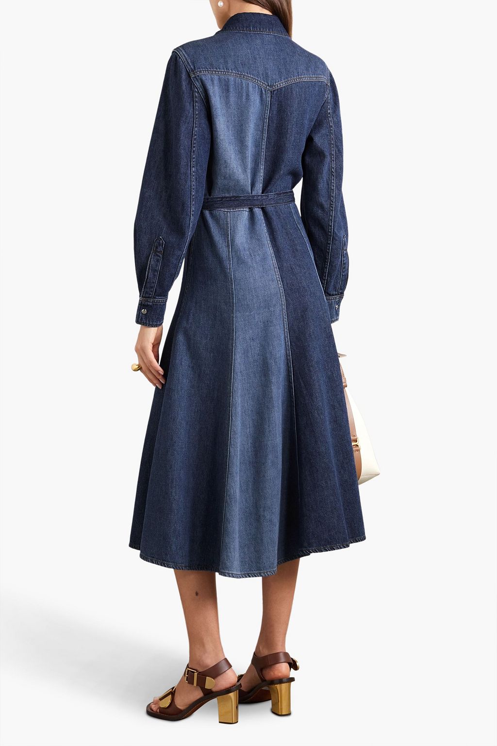 CHLOÉ コットン＆リネン混デニム パッチワーク ミディ丈ワンピース ベルト付き