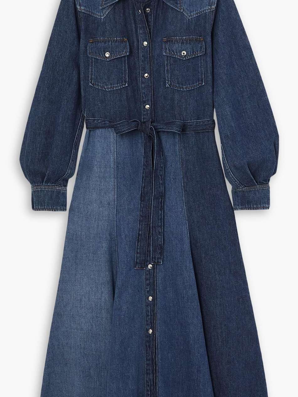 belted patchwork cotton and linen-blend denim midi dress