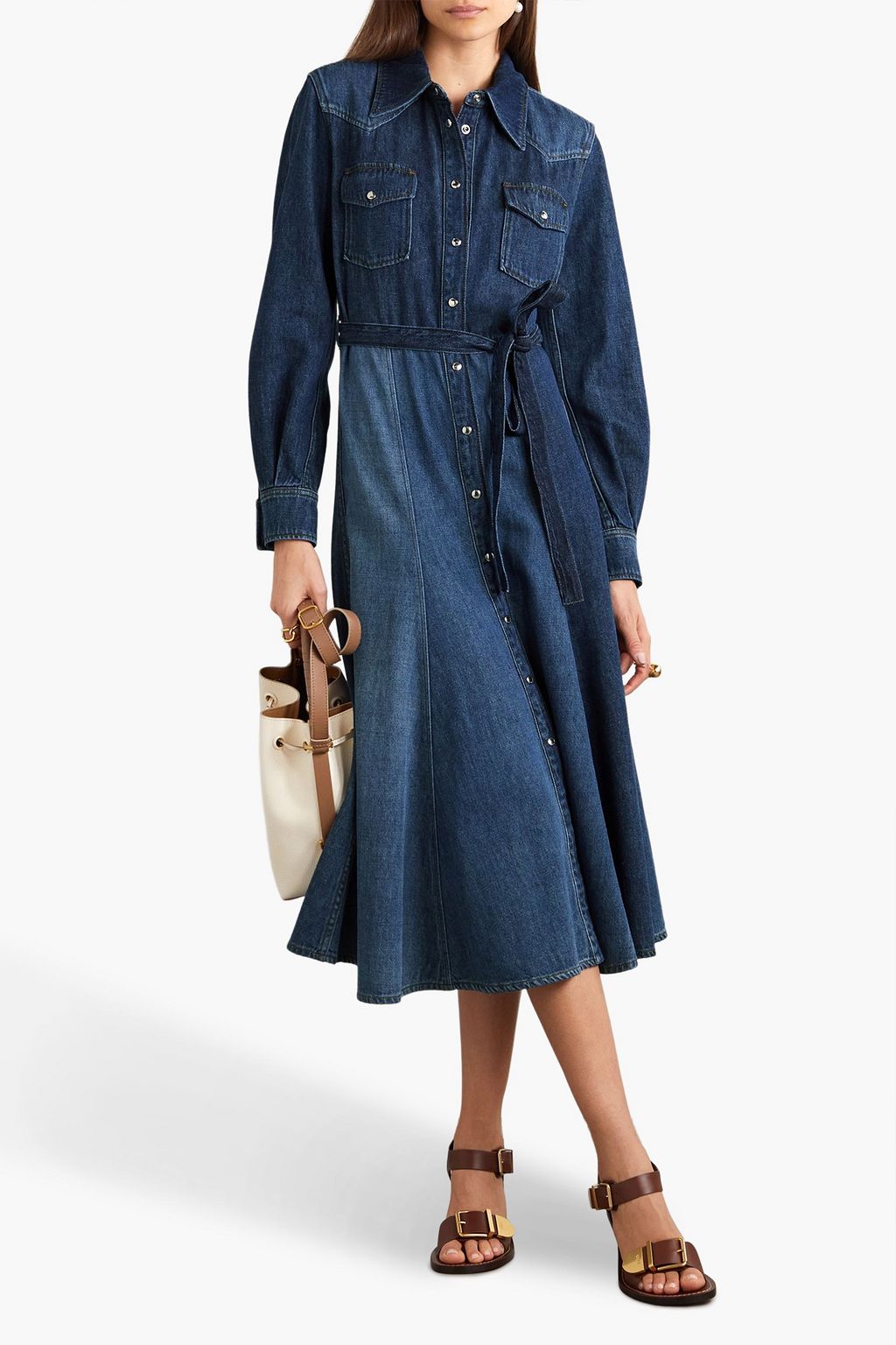 CHLOÉ コットン＆リネン混デニム パッチワーク ミディ丈ワンピース ベルト付き