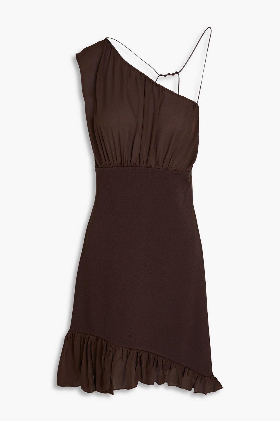 Frame Ruffled Stretch-ponte Mini Dress In Chocolate