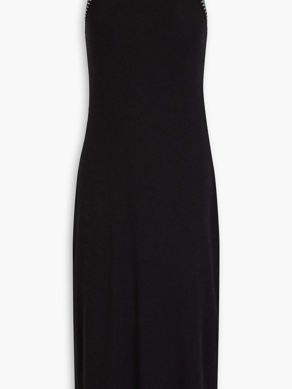 crocheted lace-trimmed ribbed jersey midi dress